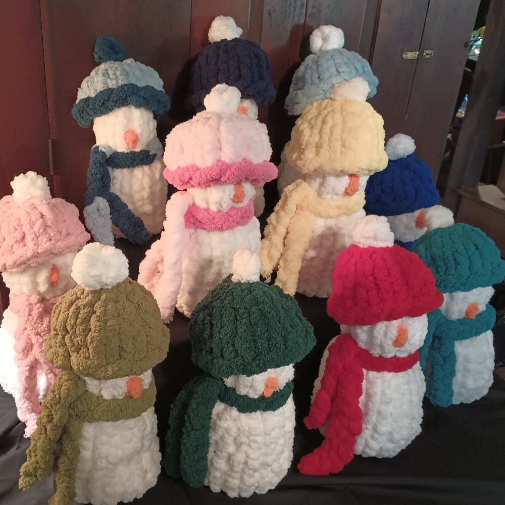 Handmade Knitted Snowman, Tress, And Grinch Faces